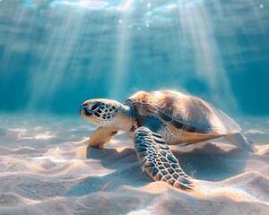 Canvas Print - Serene Sea Turtle Swimming in Sunlit Ocean Depths