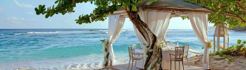 Canvas Print - Elegant Beachfront Gazebo with Ocean View Dining - Tropical Paradise