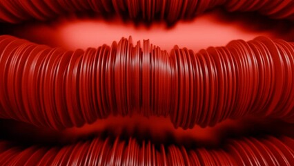 Poster - Abstract rows of red round discs slowly moving like snakes. Design. 3D columns of flat round discs.