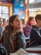 © Pingun - Smiling girl in a classroom, attentively listening, amidst peers during a lesson. Bright and engaging educational environment.