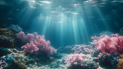Wall Mural - Serene Underwater Coral Reef Landscape with Sunlight Rays Illuminating the Marine Life