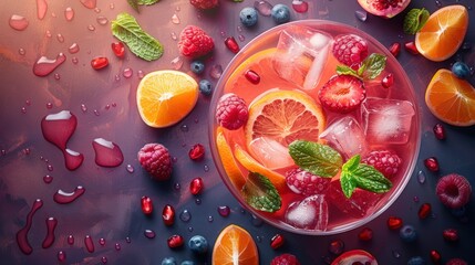 Bright vector image of a fruit punch bowl with ladle and floating fruit slices.