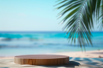 Wall Mural - Tropical ocean platform podium with water waves and white marble. Palm tree leaves paradise mock-up for products display promotion. Abstract modern minimal background with empty podium