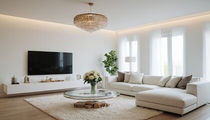 Poster - Modern, white minimalist interior with kitchen, sofa, wood floor, wall panels and marble kitchen island.