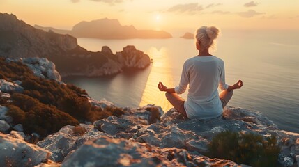 Poster - Elderly Woman Practicing Yoga on Cliff Overlooking Serene Ocean Sunset