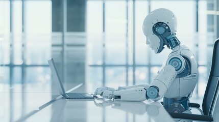 Poster - A futuristic office setting features a robot lawyer consulting with a client on a bankruptcy case, highlighting the integration of advanced AI in legal aid. The clean, modern background provides