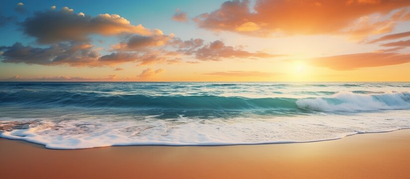 Panoramic beach landscape with a closeup of sea sand, featuring an inspiring tropical seascape horizon under a serene orange and golden sunset sky.