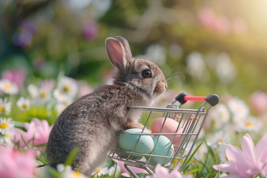 Easter bunny rabbit with shopping cart and sweet colorful eggs on background, Lovely mammal with beautiful bright eyes in nature life, Animal concept, Easter holiday sale. Generative ai