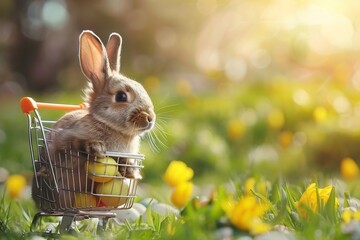Sticker - Easter bunny rabbit with shopping cart and sweet colorful eggs on background, Lovely mammal with beautiful bright eyes in nature life, Animal concept, Easter holiday sale. Generative ai