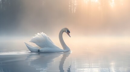 Wall Mural - Graceful Swan Gliding Across Misty Lake at Dawn with Serene Reflections