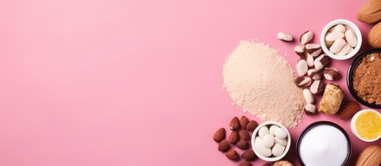 Sport diet and fitness nutrition items like protein powder, musli bars, and vitamin pills arranged on a pink background with copy space image.