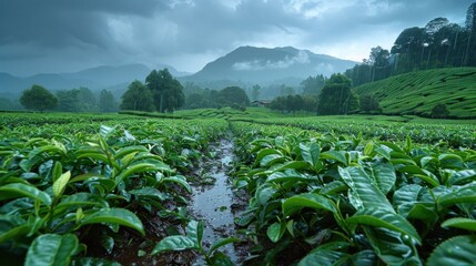 Wall Mural - A lush tea plantation in Northern Thailand, glistening with fresh rain under a cloudy sky