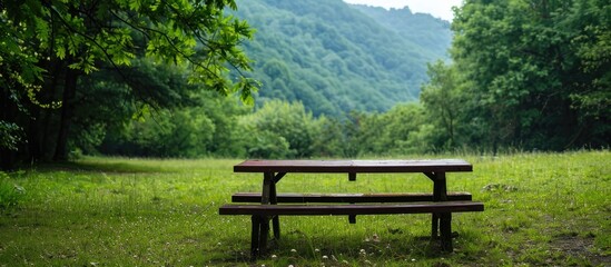 Wall Mural - picnic table on the campsite. with copy space image. Place for adding text or design