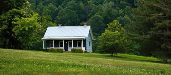 Poster - Modern cottage on a background of green grass. with copy space image. Place for adding text or design