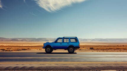 Peaceful summer road trip with blue SUV on a desert highway, offering ample copy space for text, ideal for adventure travel ads.