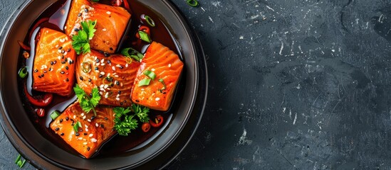 Fototapete - Salmon marinated shoyu or salmon pickled soy sauce in Korean style. Copy space image. Place for adding text or design