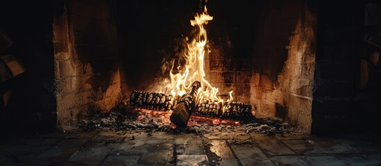Poster - Bright flame of fire burns in old fireplace. with copy space image. Place for adding text or design
