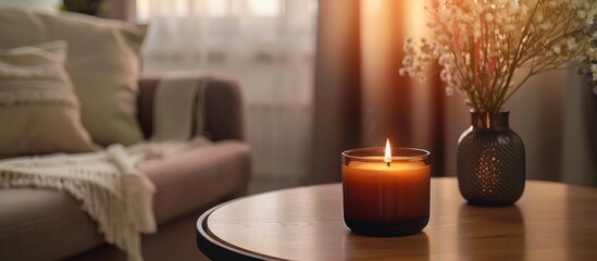 Poster - Burning scented candle on table at home. with copy space image. Place for adding text or design
