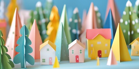 Wall Mural - paper origami mini town tree,architecture, scandinavian, landscape, light, mini city, mini cute forest, green land, 2:1