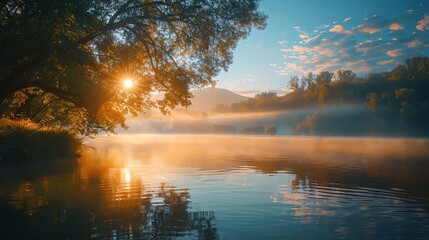 Serene lake at sunrise with mist, surrounded by lush trees and a clear sky, creating a tranquil and picturesque natural scene.