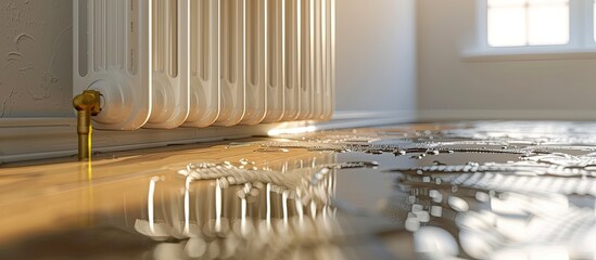 Poster - water leak through the heating radiator. with copy space image. Place for adding text or design