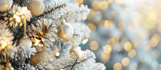 Poster - Christmas tree decorated with white and gold toys close up. with copy space image. Place for adding text or design