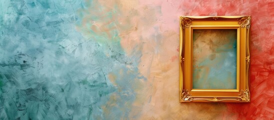 Wall Mural - golden frame on the wall colored of different color like a watercolor. with copy space image. Place for adding text or design