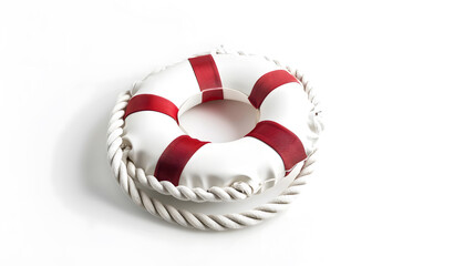 White life buoy with red stripes and white rope around isolated on white background : Generative AI