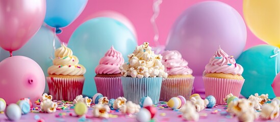 Poster - Colorful evening birthday party set with balloons, cupcakes, popcorn, candy and lots of fun for background use. with copy space image. Place for adding text or design