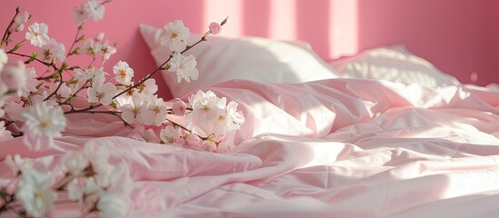 Poster - bed decorated with pink and white flowers sakura branches. with copy space image. Place for adding text or design