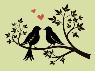 birds couple silhouette on branch vector, birds in love silhouette, wall decals, couple of birds in 