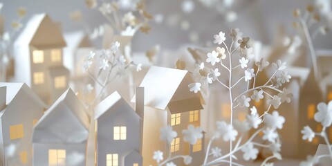 Wall Mural - paper origami mini town tree,architecture, scandinavian, landscape, light, mini city, mini cute forest, green land, 2:1