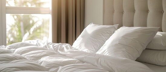 Aufkleber - Hotel room with freshly made king sized bed with headboard, perfectly clean and ironed sheets, puffy pillows in natural sun light. Kingsize bed in a furniture showroom. Close up, copy space for text.