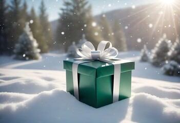 Green gift box in snowy forest