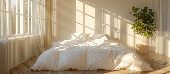 Poster - The white bed is in the sun-warmed bedroom in the morning. with copy space image. Place for adding text or design