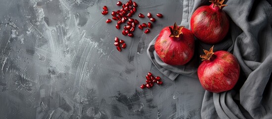Poster - gray textile with pomegranate fruit. with copy space image. Place for adding text or design