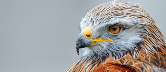 Poster - Red Kite head closeup (Milvus milvus) pastel background. with copy space image. Place for adding text or design