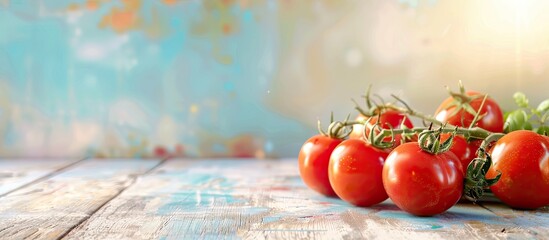Poster - Selective focus fresh Tomato Cherry on the top of wooden table. pastel background. with copy space image. Place for adding text or design