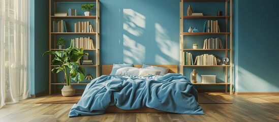 Poster - Front view bedroom with blue blankets, bookshelf and parquet. Nobody inside. with copy space image. Place for adding text or design