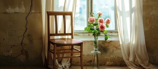 Poster - Wooden chair by window and pink rose floral arrangement. with copy space image. Place for adding text or design