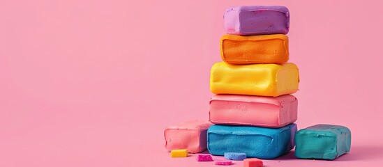 Poster - Pile of colored plasticine bricks. Isolated on pastel background with clipping path. with copy space image. Place for adding text or design