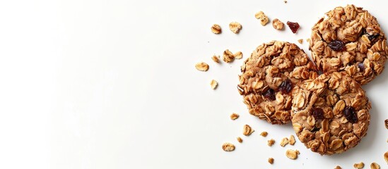 Fototapete - Granola cookie isolated on white background with full depth of field. Top view. Flat lay. Copy space image. Place for adding text or design