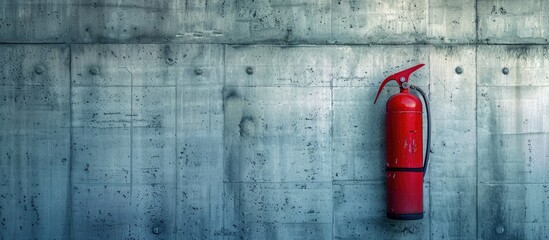 Poster - Red fire extinguisher on a wall of a building, minimal protection concept, fire protection, template or source. with copy space image. Place for adding text or design