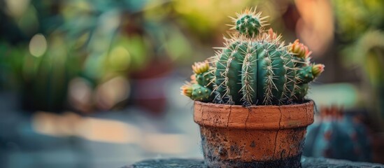 Fototapete - Close-up Green Spiky Potted Cactus Plant with Selective Focus. with copy space image. Place for adding text or design