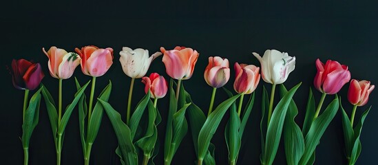 Fototapete - flowers Isolated on black. group of tulips on a pastel background. with copy space image. Place for adding text or design