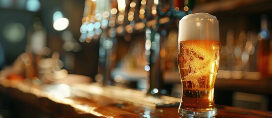 Aufkleber - beer pouring into glass in a bar. Copy space image. Place for adding text or design