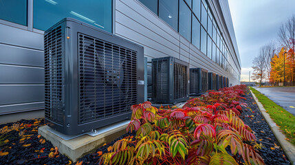 Air condenser unit on a building rooftop, equipped with essential pipes and fans. Ideal for showcasing HVAC cooling technology in urban environments.