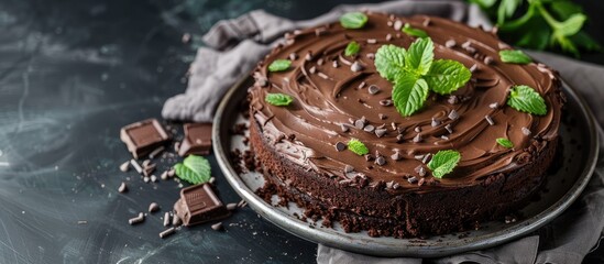 Poster - Close up of delicious home made vegan chocolate cake decorated with Melissa green leaves. Vegetarian birthday pastry. Copy space image. Place for adding text or design