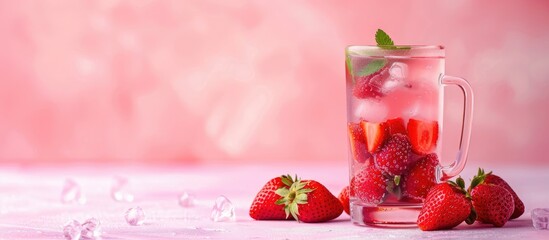 Aufkleber - Tasty refreshing drink with strawberries on pastel background. with copy space image. Place for adding text or design