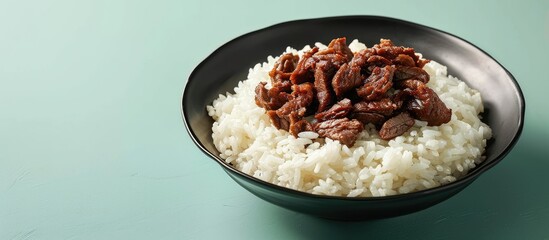 Poster - Steamed rice topped with fried beef on black plate isolate on pastel background. with copy space image. Place for adding text or design